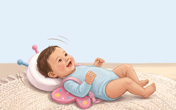 Baby lying back on the floor, head resting in the SoftFall ring cushion