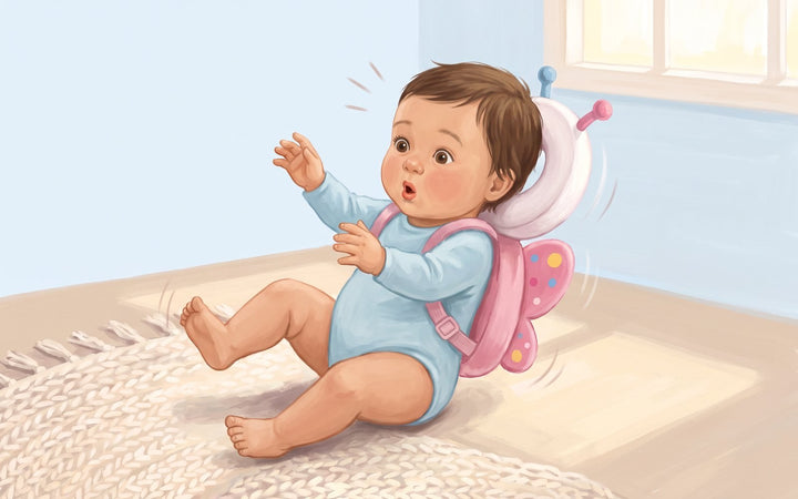 Baby tipping backwards, the SoftFall ring cushion ready behind the head