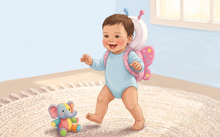 Baby happily stacking blocks while wearing SoftFall