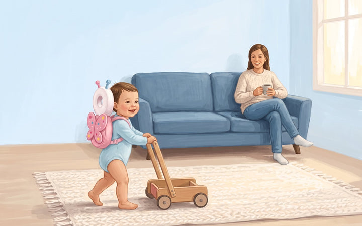 Relaxed parent with a mug while baby plays nearby